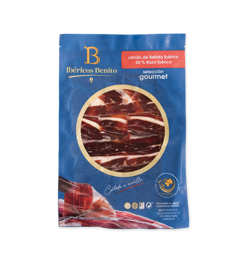 Boîte de 25 unités Jambon de Bellota Ibérique 50 % R.I. tranché au couteau (minimum 5 sachets)