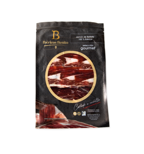 Boîte de 25 unités Jambon de Bellota 100 % Ibérique tranché au couteau (minimum 5 sachets)