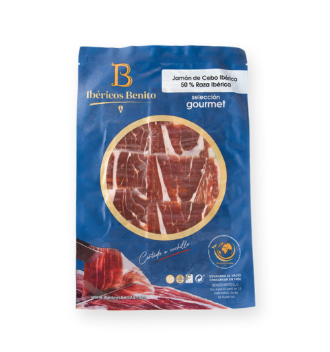 Box of 25 units 50% Iberian breed Cebo ham hand-sliced (minimum 5 packs)