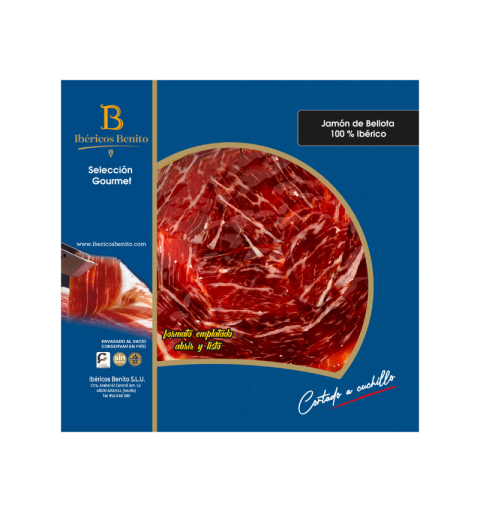 Karton mit 12 Päckchen Jamón de Bellota 100 % Ibérico, von Hand geschnitten