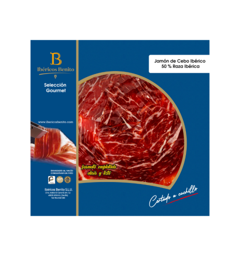 Karton mit 12 Päckchen Jamón de Cebo Ibérico 50 % R.I., von Hand geschnitten