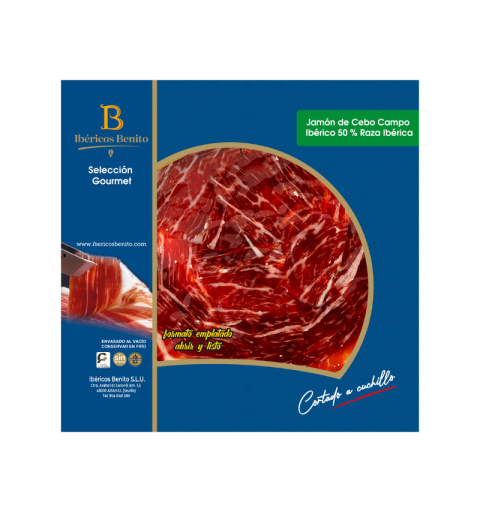 Box of 12 packs of Cebo de Campo Ham 50% I.B., hand-sliced